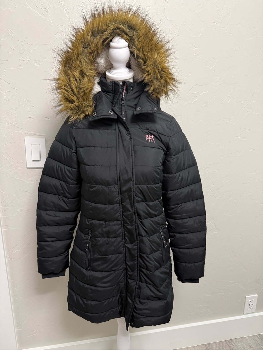 Abercrombie & Fitch Kids Girls Black Puffer Parka Jacket Faux Fur Hood Fleece Si